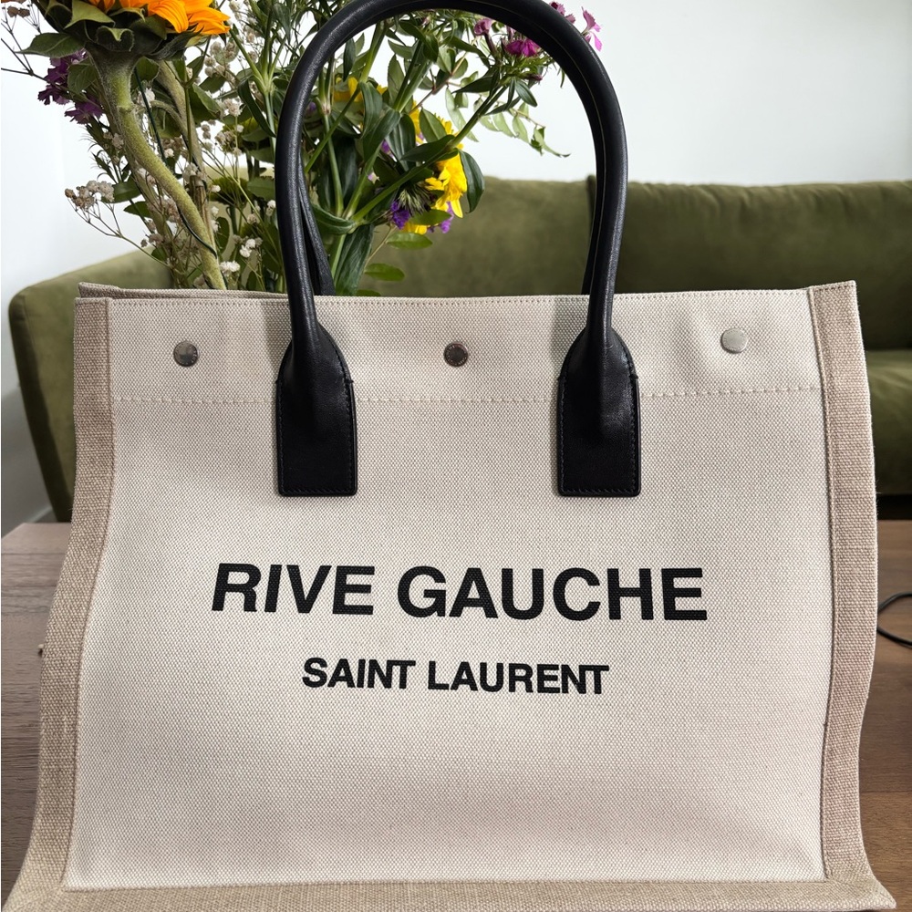 Saint Laurent Beige and Black Canvas Tote